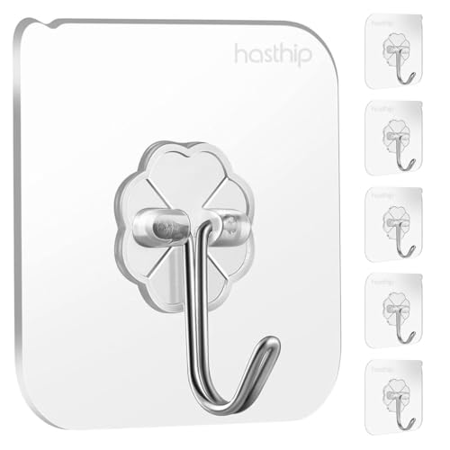 HASTHIP Plastic, Metal ® 5 Pack Adhesive Hooks for Hanging Wall Hooks Removable Sticky Hooks for Bathroom, Kitchen Waterproof Ultra Adhesive Wall Hooks (Clear) - Image 1