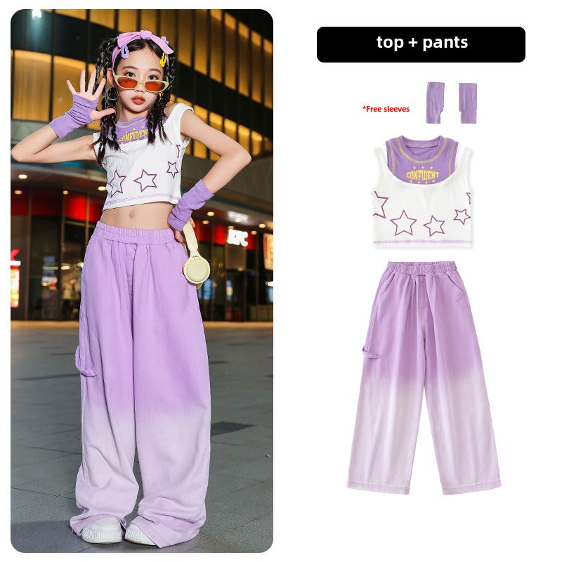 Kids Jazz Dance Costume Crop Top Harem Pants Set Set [White Star Vest Cuff + Purple Gradient Pants]]