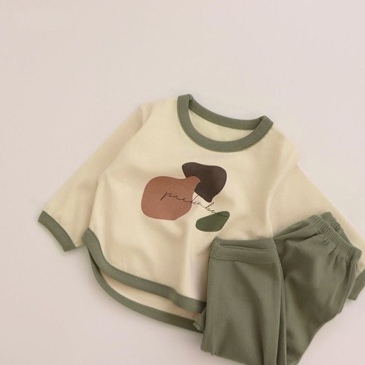 Spring and Autumn New de Velvet childrens western style sweater suit baby home wear pajamas boys and girls baby contrast color two-piece suit Green 