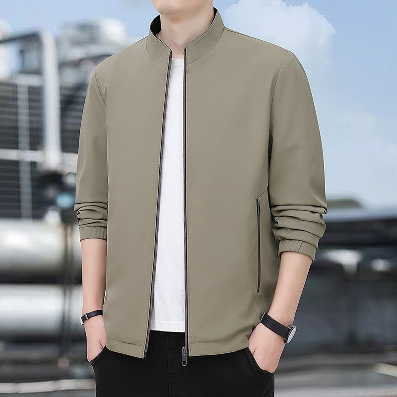 Spring Autumn Mens Jacket Fashionable Stand Collar Casual Thin Style Versatile Youth Polyester Fiber Zipper Closure Long Sleeve 5 khaki  - Image 1