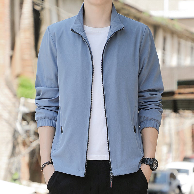 Spring Autumn Mens Jacket Fashionable Stand Collar Casual Thin Style Versatile Youth Polyester Fiber Zipper Closure Long Sleeve 5 khaki  - Image 5