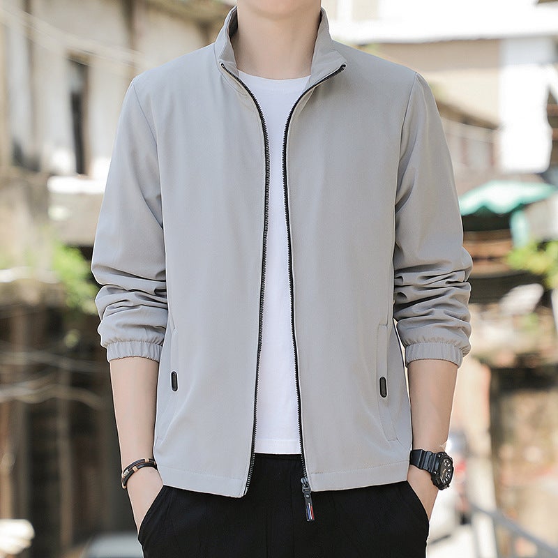 Spring Autumn Mens Jacket Fashionable Stand Collar Casual Thin Style Versatile Youth Polyester Fiber Zipper Closure Long Sleeve 5 khaki  - Image 4