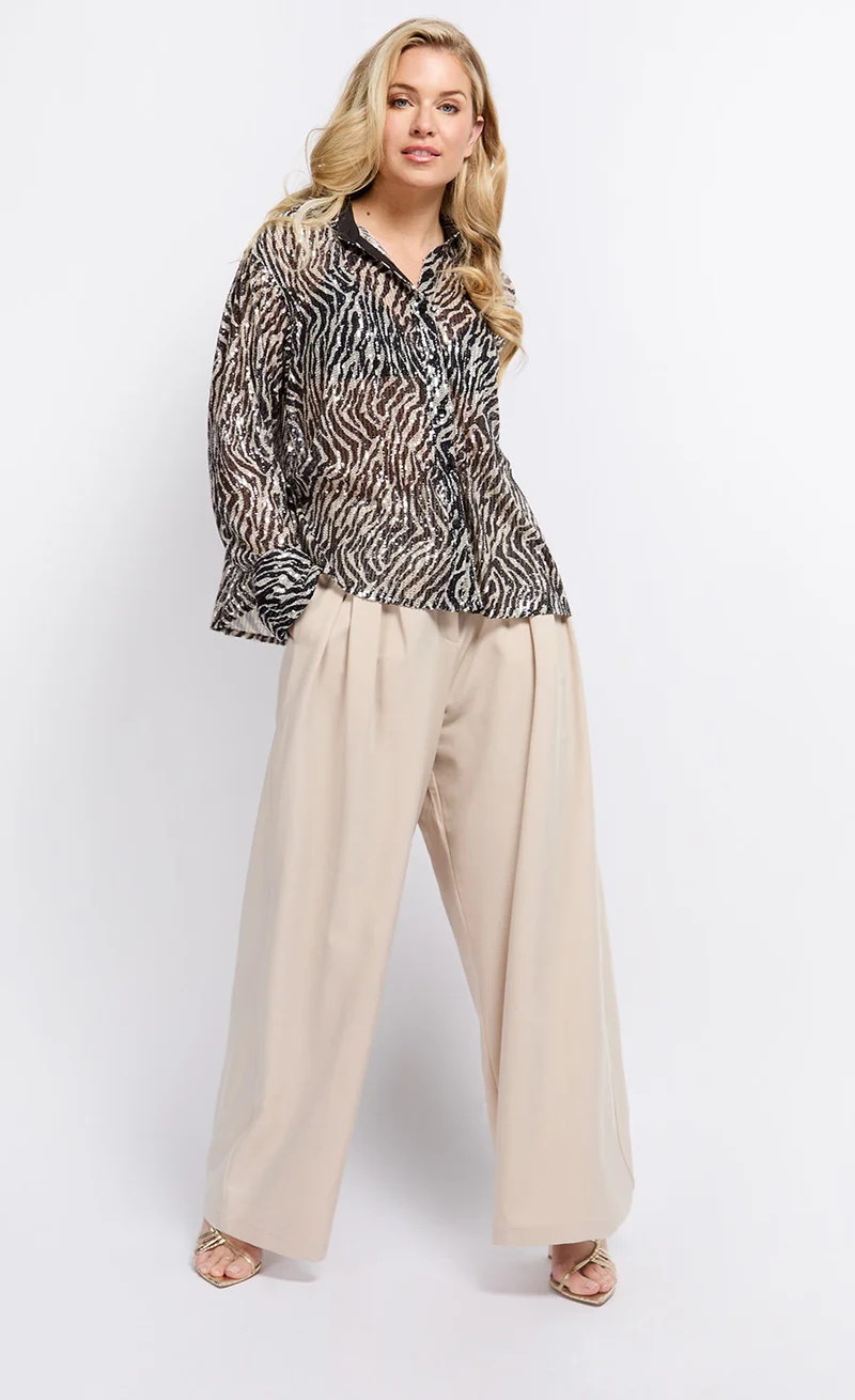 Beige Pleat Wide Leg Trousers