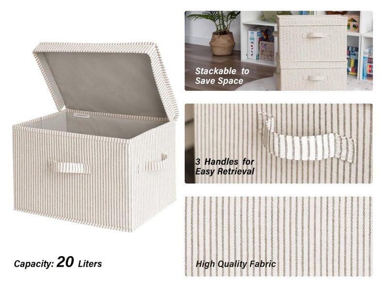 StorageWorks Fabric Storage Bins with Lid, Decorative Storage Boxes for Shelves, Stackable Closet Organizer Basket with Handles, Large, Khaki and Beige Stripes, 2-Pack - Image 3