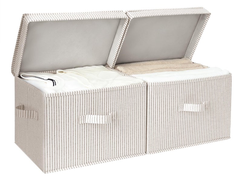 StorageWorks Fabric Storage Bins with Lid, Decorative Storage Boxes for Shelves, Stackable Closet Organizer Basket with Handles, Large, Khaki and Beige Stripes, 2-Pack - Image 1