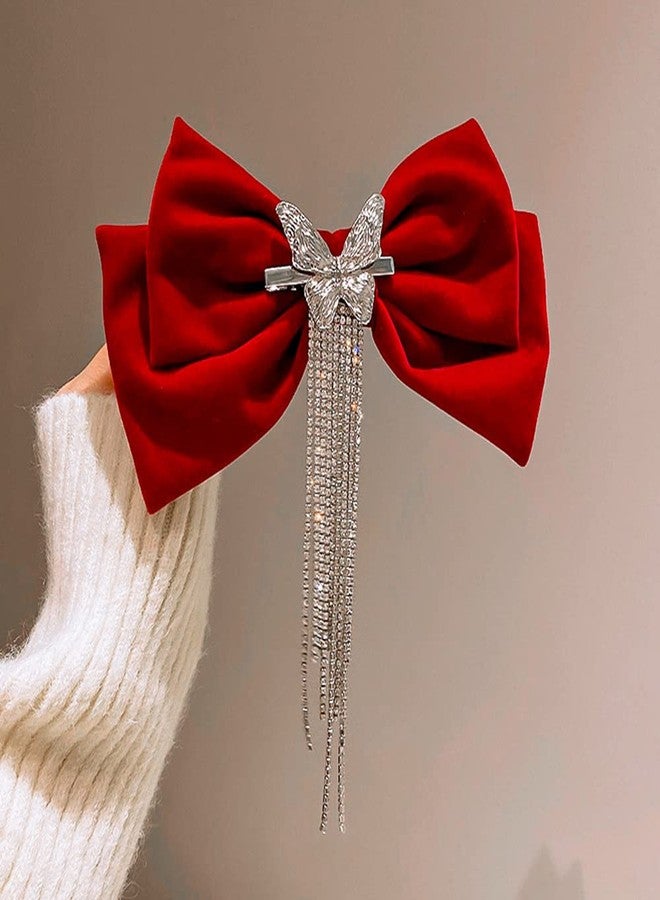 Jumwrit Large Bow Hair Clip Rhinestone Ponytail Hair Clip Silver Butterfly Barrette Long Tassel Hairpin Fashion Hair Styling Accessories for Women Girls（Red） - Image 2