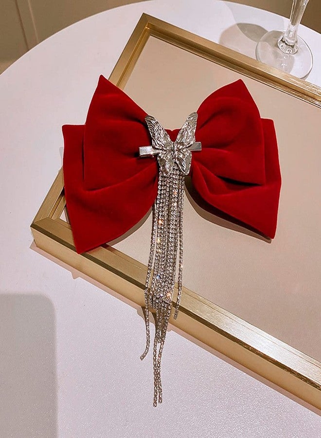 Jumwrit Large Bow Hair Clip Rhinestone Ponytail Hair Clip Silver Butterfly Barrette Long Tassel Hairpin Fashion Hair Styling Accessories for Women Girls（Red） - Image 3