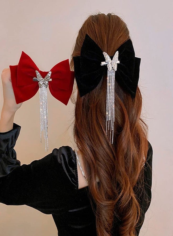 Jumwrit Large Bow Hair Clip Rhinestone Ponytail Hair Clip Silver Butterfly Barrette Long Tassel Hairpin Fashion Hair Styling Accessories for Women Girls（Red） - Image 4