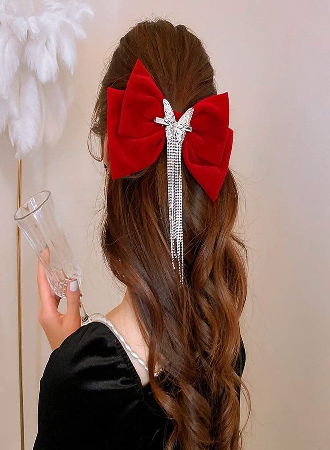 Jumwrit Large Bow Hair Clip Rhinestone Ponytail Hair Clip Silver Butterfly Barrette Long Tassel Hairpin Fashion Hair Styling Accessories for Women Girls（Red） - Image 1