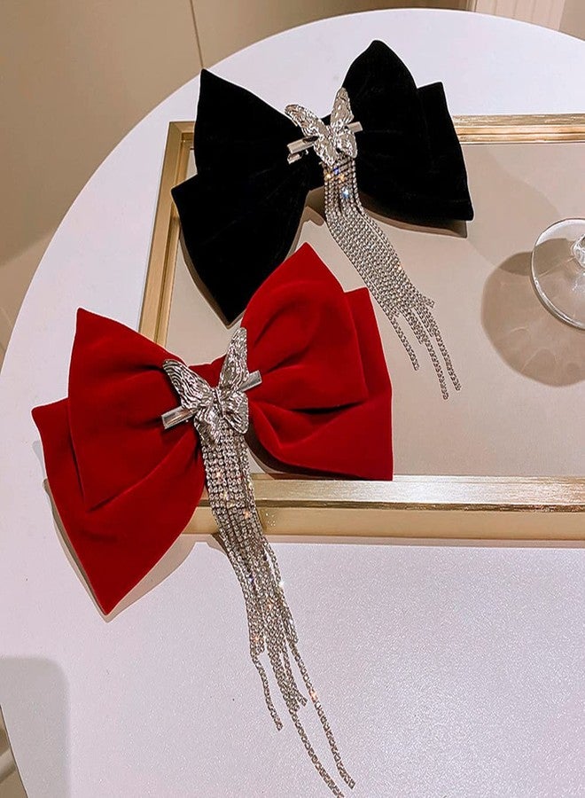 Jumwrit Large Bow Hair Clip Rhinestone Ponytail Hair Clip Silver Butterfly Barrette Long Tassel Hairpin Fashion Hair Styling Accessories for Women Girls（Red） - Image 5