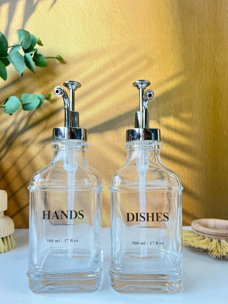 موتوجو Silver Headed Crystal Glass Liquid Soap Dispenser Set - 2 Pieces, 500 ml, Water Resistant Label