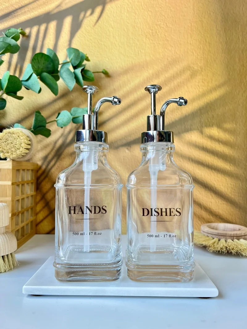 موتوجو Silver Headed Crystal Glass Liquid Soap Dispenser Set - 2 Pieces, 500 ml, Water Resistant Label