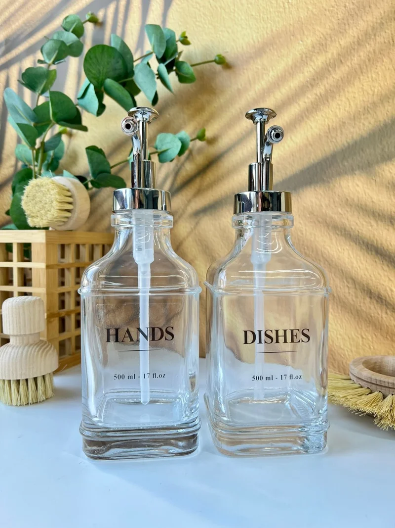 موتوجو Silver Headed Crystal Glass Liquid Soap Dispenser Set - 2 Pieces, 500 ml, Water Resistant Label