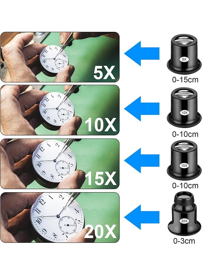 مكبرة أحادية العين من 4 قطع مكبرة 5X/10X/15X/20X، مكبر محمول باليد اليدوية، عدسات عدسات، حلقات عين مكبرة لختم الألماس الجواهر، قراءة الصحف، إصلاح ساعات الحرفية - Image 3