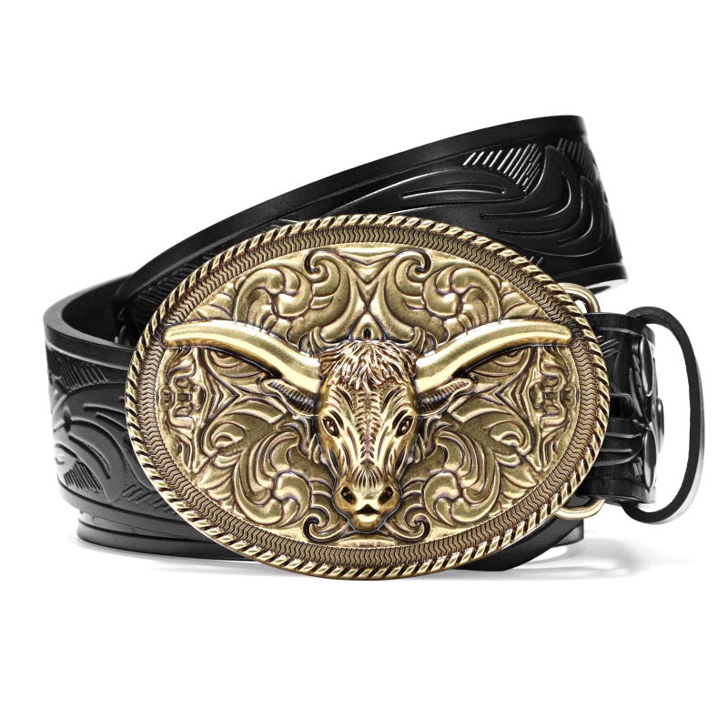 SANSTHS Western Cowboy Belts for Men Women, Mens Western Belt Bull Buckle Country Belt Cowboy Leather Belt for Jeans, Bronze Bull/Black Belt - Image 1