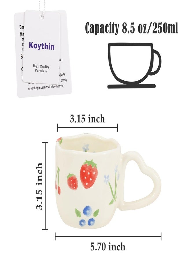 Koythin Ceramic Coffee Mug, Novetly Printed Flower Cup with Heart Shaped Handle for Office and Home, 8.5 oz/250 ml for Latte Tea Milk (Strawberrys and Blue Flowers) - Image 2