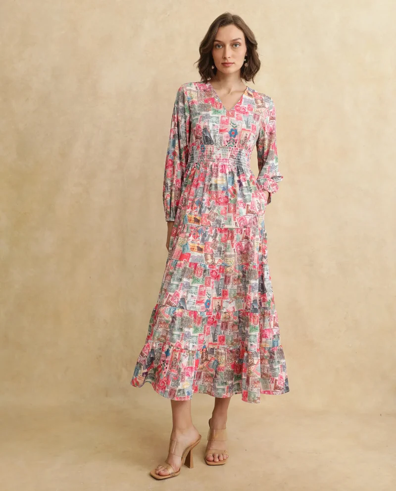 Rareism Rareism Women's Reting Light Multi Satin Fabric V-Neck  Full Sleeve Object Print Fit And Flare Maxi Dress