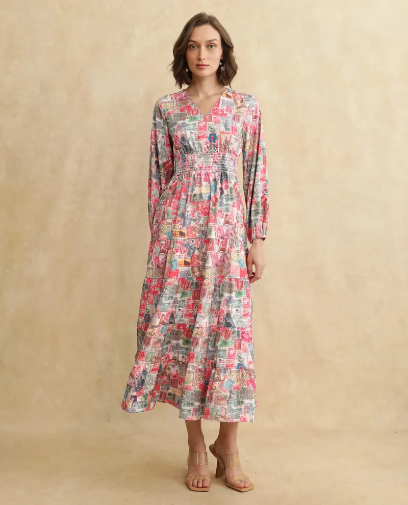 Rareism Rareism Women's Reting Light Multi Satin Fabric V-Neck  Full Sleeve Object Print Fit And Flare Maxi Dress