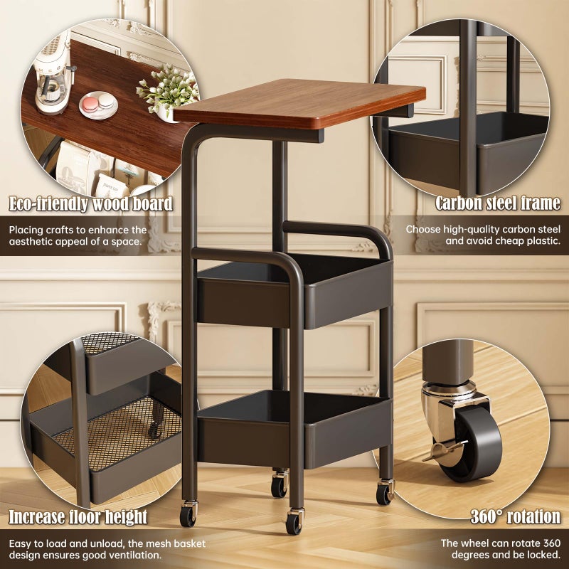 MASHART 3 Tier Metal Rolling Utility Cart Organizer with Walnut Table Top, Stable and Sturdy Rolling Storage Carts with 2 Lockable Wheels for Kitchenï¼ŒBathroomï¼ŒSnacksï¼ŒCoffeeï¼ŒCraftï¼ŒMakeupï¼ŒBaby Essentials - Image 2
