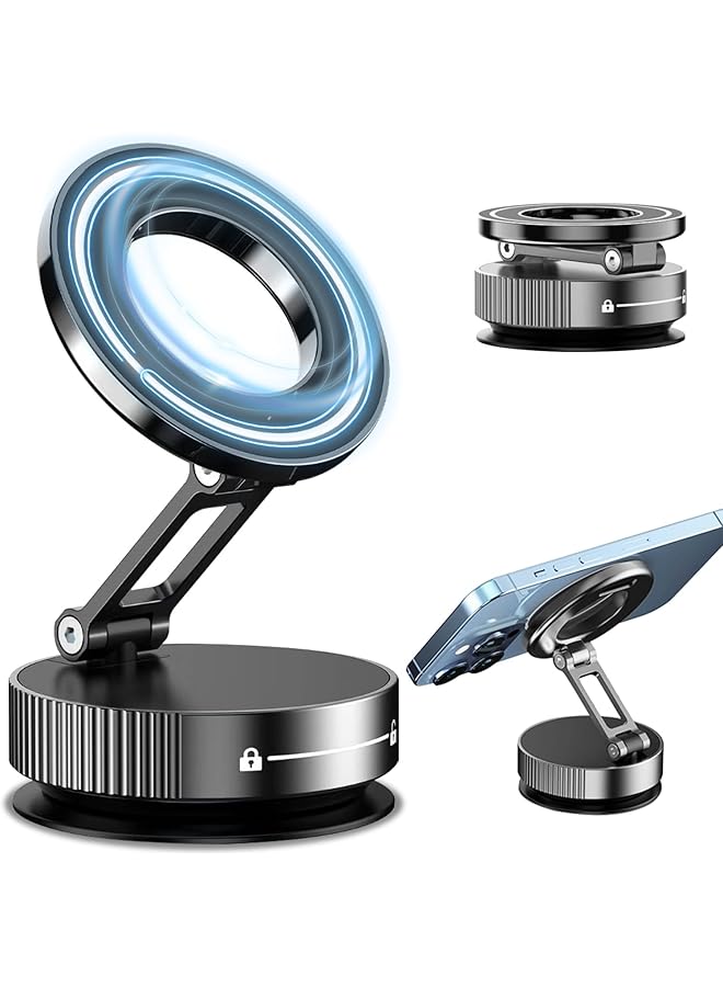 Vacuum Magnetic Suction Cup Car Phone Holder, 360° Rotating Foldable Dashboard Suction Cup Holder, Car Phone Mount, Strong Magnetic Grip, Phone Holder Universal Compatibility For Smartphones (Black)