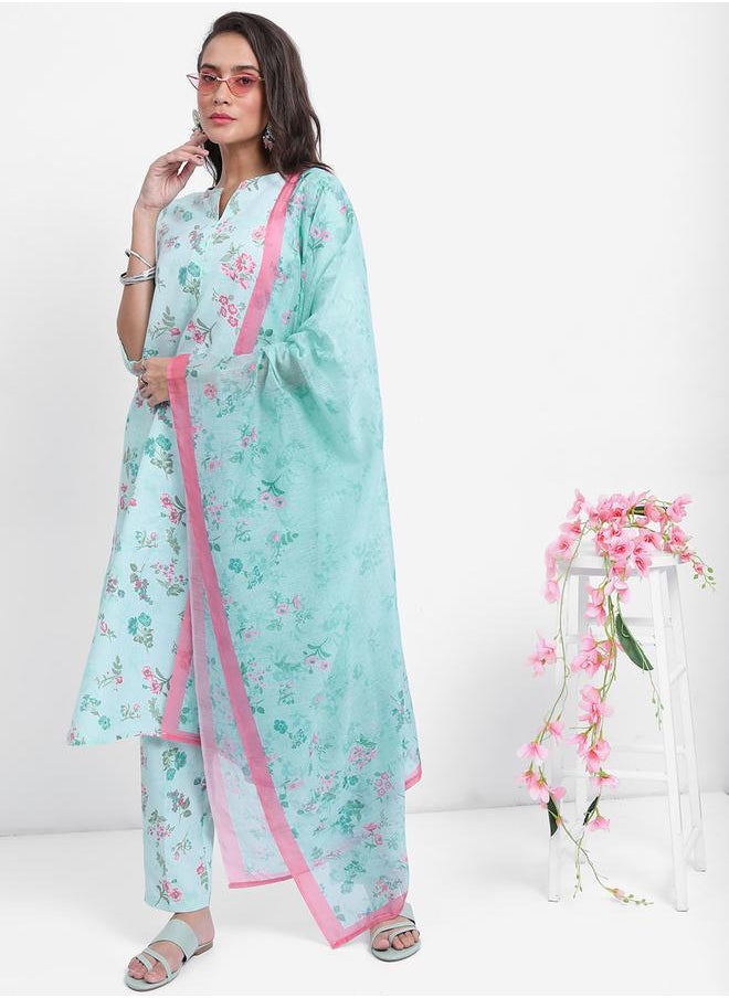 Vishudh - Women Blue Floral Printed Kurta Set with Dupatta by Styli - Image 1