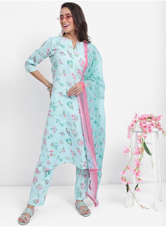 Vishudh - Women Blue Floral Printed Kurta Set with Dupatta by Styli - Image 1