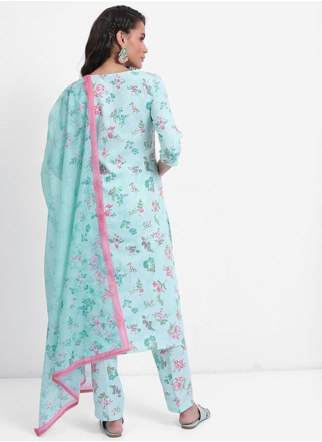 Vishudh - Women Blue Floral Printed Kurta Set with Dupatta by Styli - Image 1