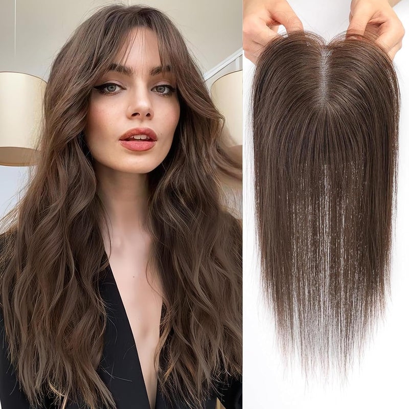 HAIRCUBE إكسسوارات شعر للنساء قطع شعر علوية 100 شعر بشري حقيقي بدون غرة إكسسوارات شعر بشري مع 3 مشابك قاعدة دانتيل سويسري مصنوعة يدويًا لتساقط الشعر والشعر الرقيق والشعر الرمادي 14 بوصة بني داكن
