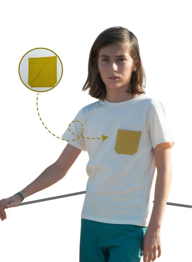 LoryLux Boys' White & Yellow Pocket T-Shirt – 100% Organic Cotton, Short Sleeve - Image 3