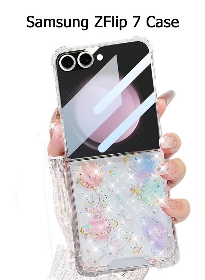 جراب هاتف سامسونج Z Flip 7 - جراب شفاف لطيف - جراب هاتف لامع بتصميم كوكب مع نجوم وقمر - غطاء هاتف شفاف واقٍ من مادة TPU مقاوم للصدمات - Image 1