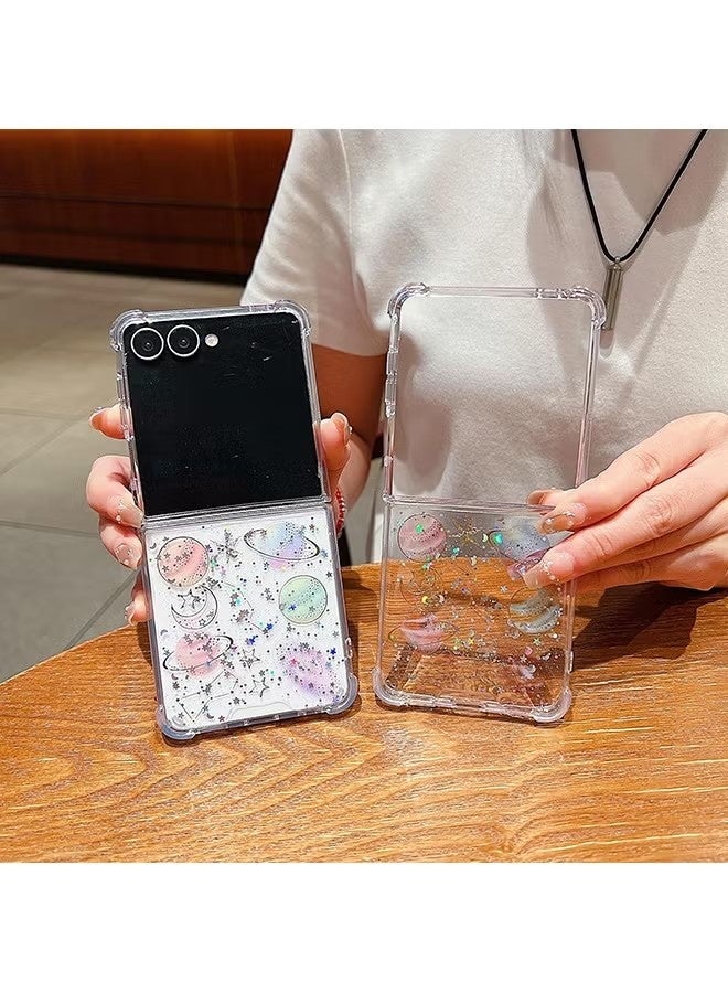 جراب هاتف سامسونج Z Flip 7 - جراب شفاف لطيف - جراب هاتف لامع بتصميم كوكب مع نجوم وقمر - غطاء هاتف شفاف واقٍ من مادة TPU مقاوم للصدمات - Image 3
