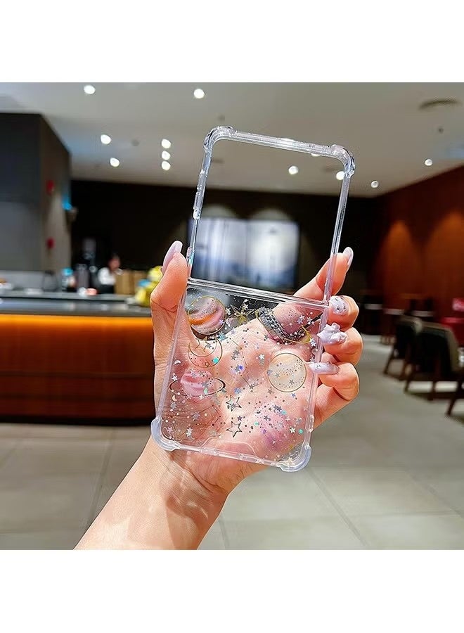 جراب هاتف سامسونج Z Flip 7 - جراب شفاف لطيف - جراب هاتف لامع بتصميم كوكب مع نجوم وقمر - غطاء هاتف شفاف واقٍ من مادة TPU مقاوم للصدمات - Image 5