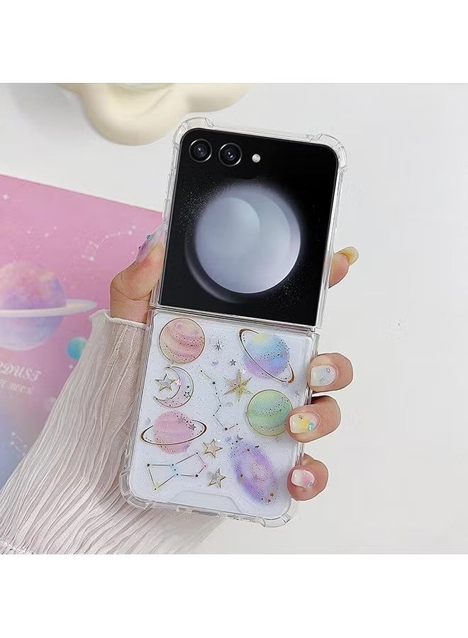 جراب هاتف سامسونج Z Flip 7 - جراب شفاف لطيف - جراب هاتف لامع بتصميم كوكب مع نجوم وقمر - غطاء هاتف شفاف واقٍ من مادة TPU مقاوم للصدمات - Image 2