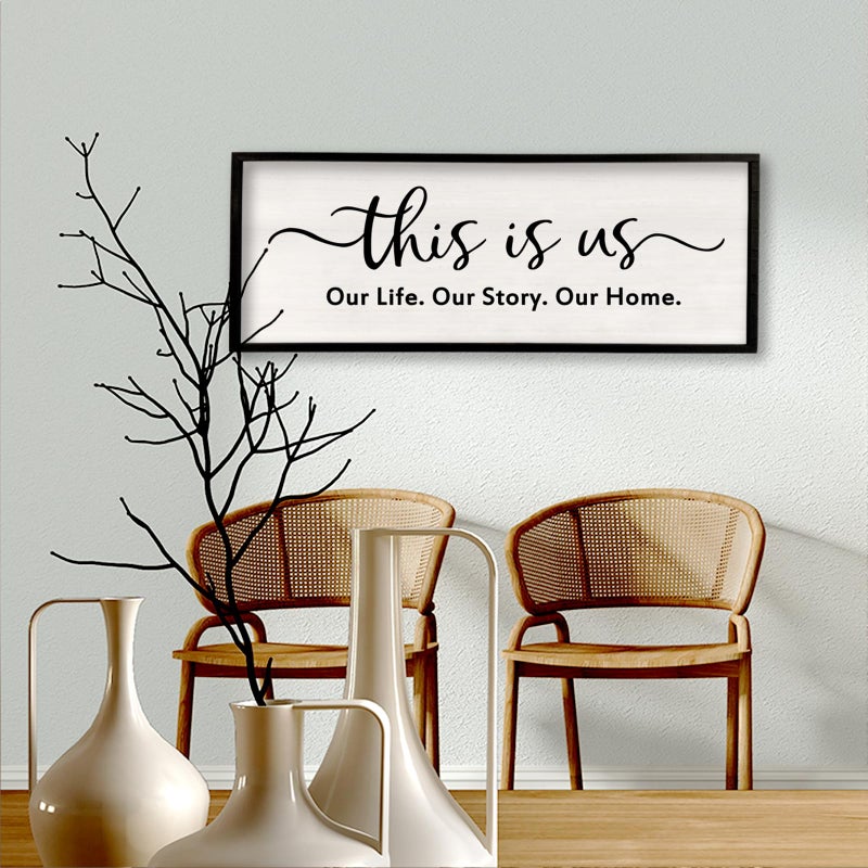 comurdyo Minimalist Family Quote Wall Decor This is us Sign 32Ã—12 Inch Our Life Story Home Plaque for Living Room Master Bedroom Entryway Farmhouse Large Rustic Wood Framed Hanging Art (Black) - Image 4