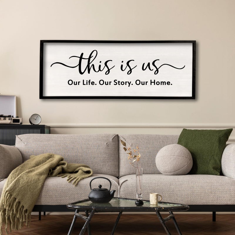 comurdyo Minimalist Family Quote Wall Decor This is us Sign 32Ã—12 Inch Our Life Story Home Plaque for Living Room Master Bedroom Entryway Farmhouse Large Rustic Wood Framed Hanging Art (Black) - Image 3