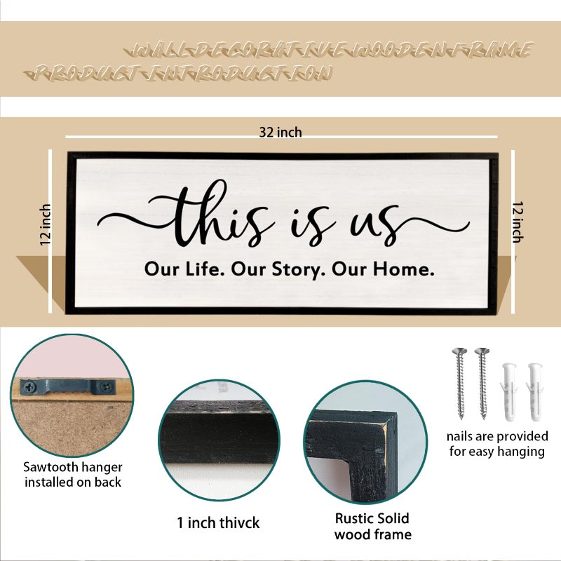 comurdyo Minimalist Family Quote Wall Decor This is us Sign 32Ã—12 Inch Our Life Story Home Plaque for Living Room Master Bedroom Entryway Farmhouse Large Rustic Wood Framed Hanging Art (Black) - Image 2