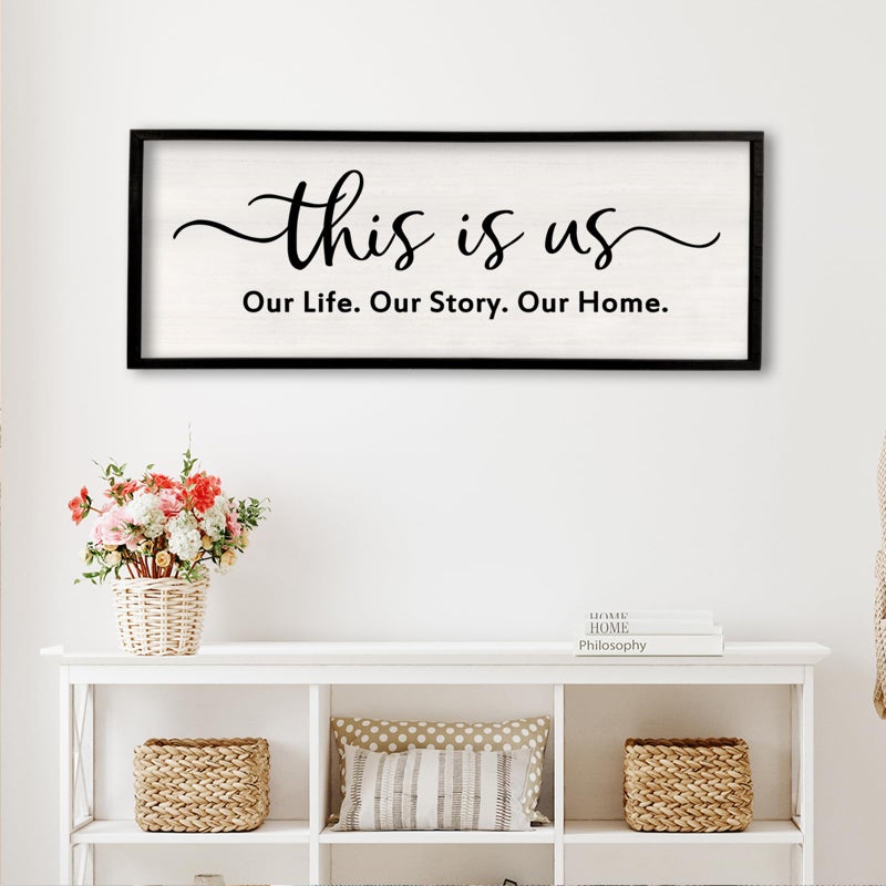 comurdyo Minimalist Family Quote Wall Decor This is us Sign 32Ã—12 Inch Our Life Story Home Plaque for Living Room Master Bedroom Entryway Farmhouse Large Rustic Wood Framed Hanging Art (Black) - Image 1