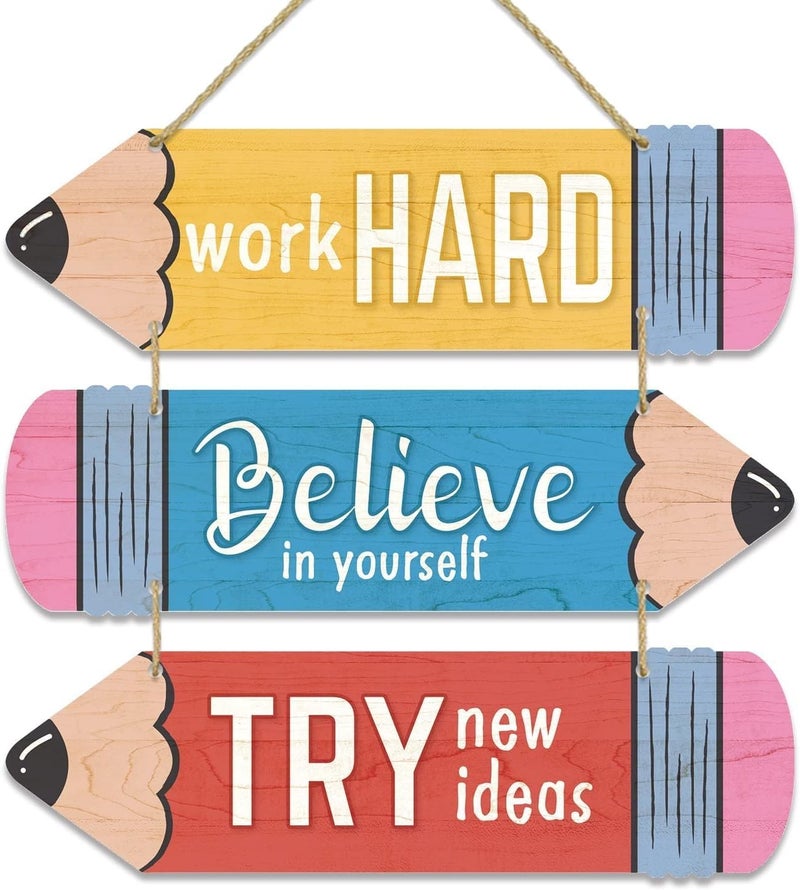 Al Raied ARS® Pencil Classroom Wall Decor Wooden Hanging Sign Inspirational Quotes Plaque Set - Image 1