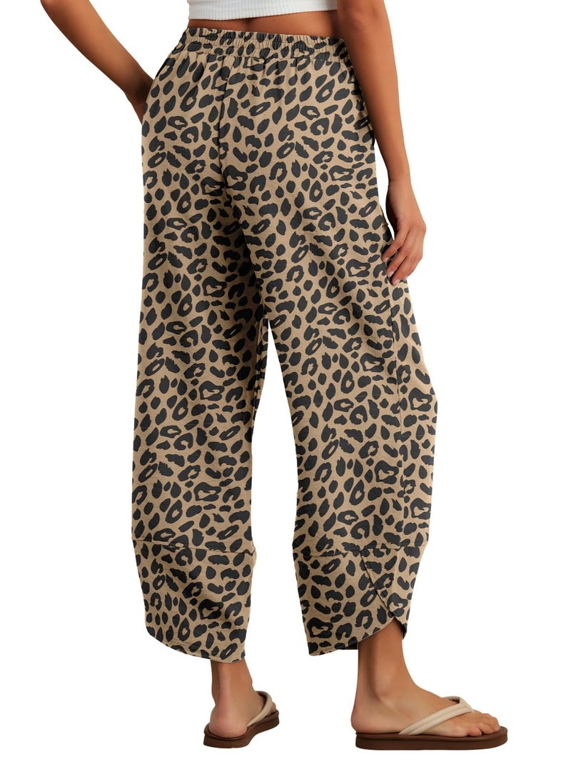 Feiersi Womens Baggy Wide Leg Pants Elastic Waisted Casual Palazzo Harem Pants Summer Beach Trousers(Leopard Khaki,Large) - Image 3