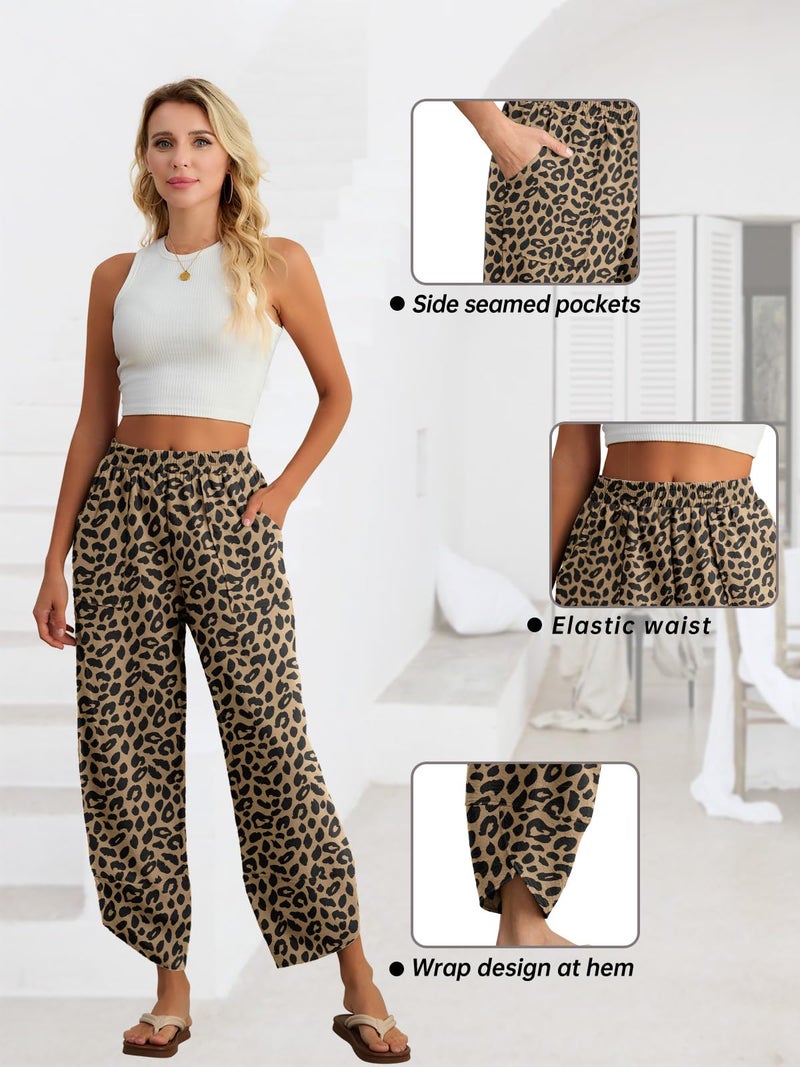 Feiersi Womens Baggy Wide Leg Pants Elastic Waisted Casual Palazzo Harem Pants Summer Beach Trousers(Leopard Khaki,Large) - Image 4