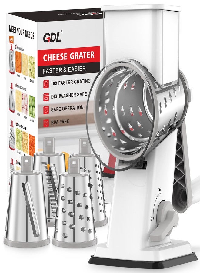 GDL Rotary Cheese Grater Hand Crank - Upgraded Cheese Shredder with 4 Interchangeable Blades, Rotary Grater with Non-slip Suction Base, Easy to Clean Kitchen Grater Slicer Grinder for Vegetable Nuts - Image 1