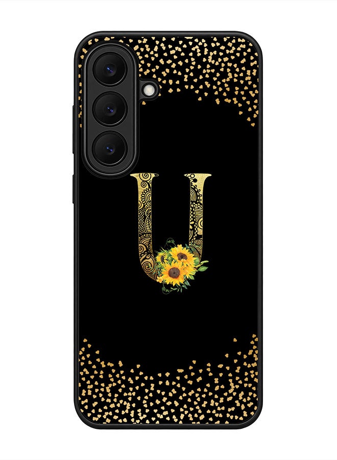 Stylizedd Rugged Case for Samsung Galaxy S26 FE- Slim Fit Hybrid Rubber Cover Sunflower Monogram - U (Black)