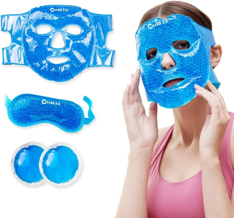 WORLD-BIO Cold Therapy Face Mask for Migraine Relief & Puffy Eyes, Gel Beads Hot Heat Cold Compress Pack ice Face mask SPA for Woman Sleeping, Pressure, Headaches, Skin Care, Post Laser Care[Blue]
