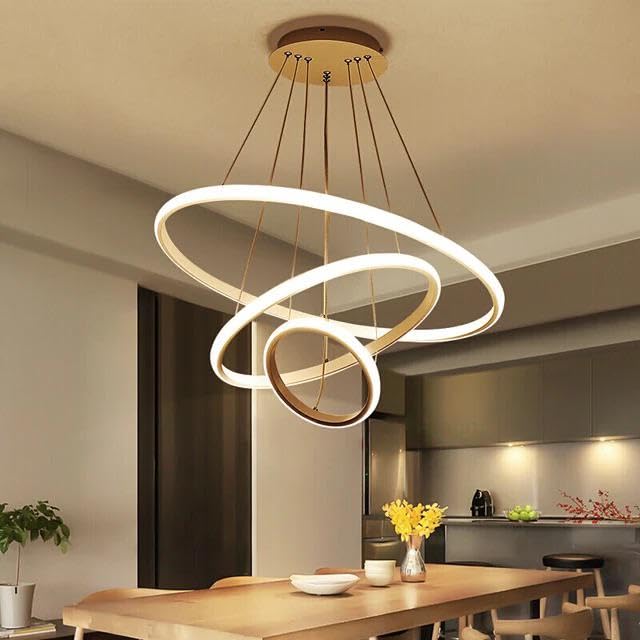 BLISSBELLS Modern LED 3 Ring Pendant Chandelier Light | Contemporary Hanging Ceiling Lamp | Warm White Decorative Lighting Fixture | Gold Finish | Ideal for Dining Room, Living Room, Kitchen Island & Hall - Image 2