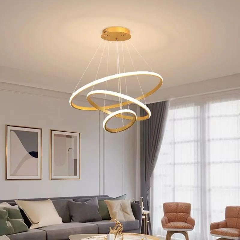 BLISSBELLS Modern LED 3 Ring Pendant Chandelier Light | Contemporary Hanging Ceiling Lamp | Warm White Decorative Lighting Fixture | Gold Finish | Ideal for Dining Room, Living Room, Kitchen Island & Hall - Image 3