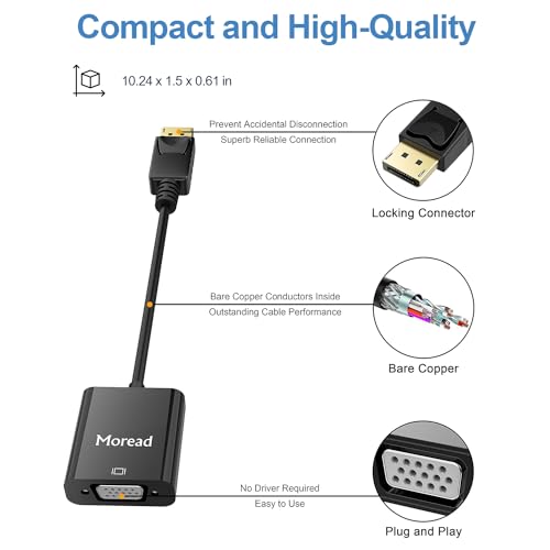 Moread DisplayPort (DP) to VGA Adapter, Gold-Plated Display Port to VGA Adapter (Male to Female) Compatible with Computer, Desktop, Laptop, PC, Monitor, Projector, HDTV - Black - Image 3