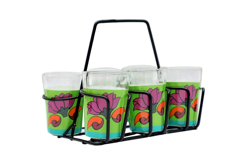 A Krazy Mug A Krazy Mug Colourful Lotus Design Hand Painted Traditional Tapri Tea Glasses with Iron Container Stand Holder (Set of 6, 90ml) - Image 3