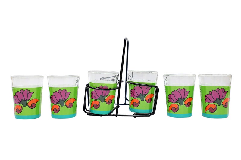 A Krazy Mug A Krazy Mug Colourful Lotus Design Hand Painted Traditional Tapri Tea Glasses with Iron Container Stand Holder (Set of 6, 90ml) - Image 4