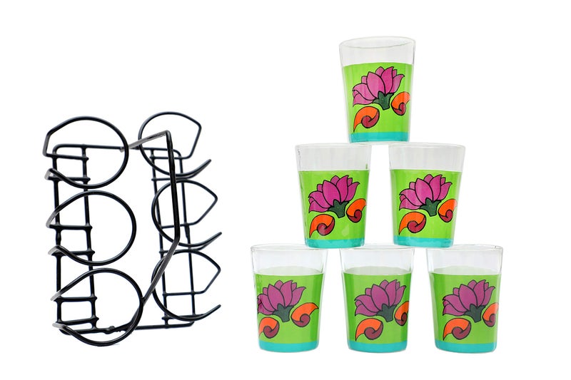 A Krazy Mug A Krazy Mug Colourful Lotus Design Hand Painted Traditional Tapri Tea Glasses with Iron Container Stand Holder (Set of 6, 90ml) - Image 1