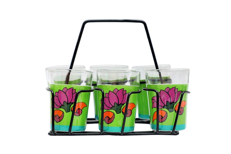 A Krazy Mug A Krazy Mug Colourful Lotus Design Hand Painted Traditional Tapri Tea Glasses with Iron Container Stand Holder (Set of 6, 90ml) - Image 2